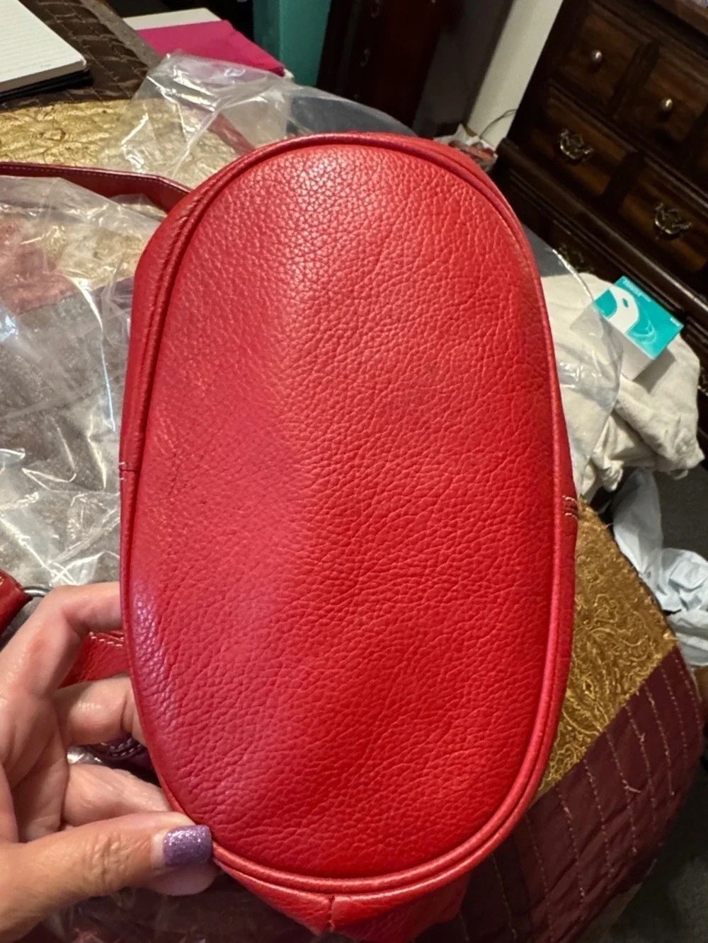Tignanello Red Leather Drawstring Hobo with Rope Trim